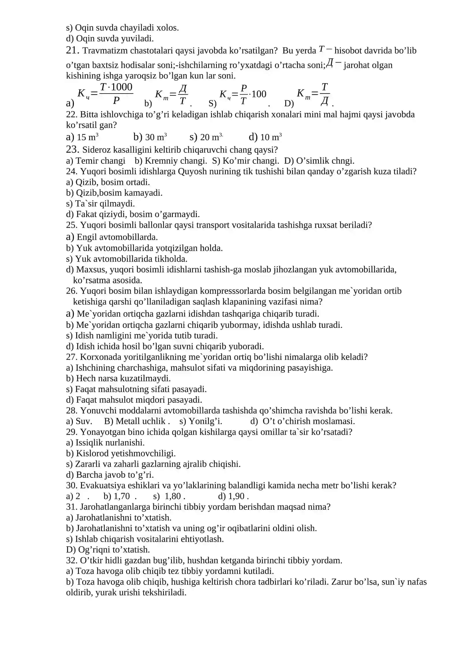 Mehnat muhofazasi va xavfsizlik texnikasi fanidan Yakuniy nazorat savollari 3
