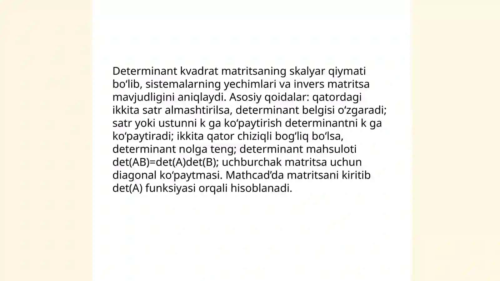 Mathcad dasturida determinant tushunchasi va asosiy qoidalar 3
