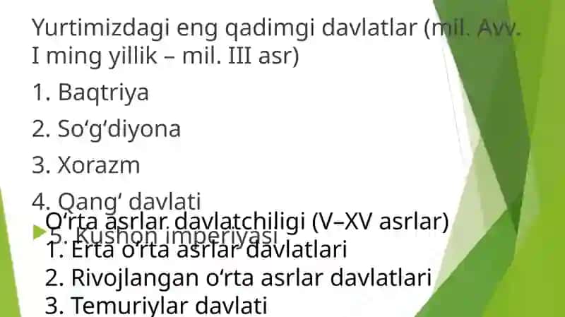 O’zbek davlatchiligi tarixi: yurtimizdagi eng qadimgi davlatlar. O’zbek davlatchiligi tarixi: O’rta asrlar davlatchiligi va ularning ijtimoiy iqtisodiy rivojlanishi. 3