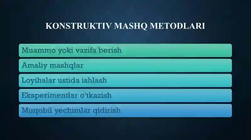 Jismoniy tarbiyaning konstruktiv mashq,musobaqa va o`yin metodlari mavzusi uchun slayd 3