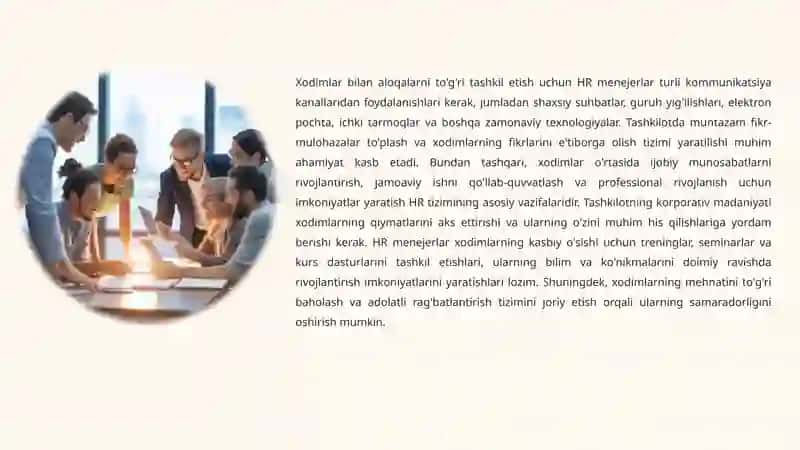 HR TIZIMI: XODIMLAR BILAN ALOQALAR, NIZOLARNI OLDINI OLISH VA HR MENEJERNING ROLI 3