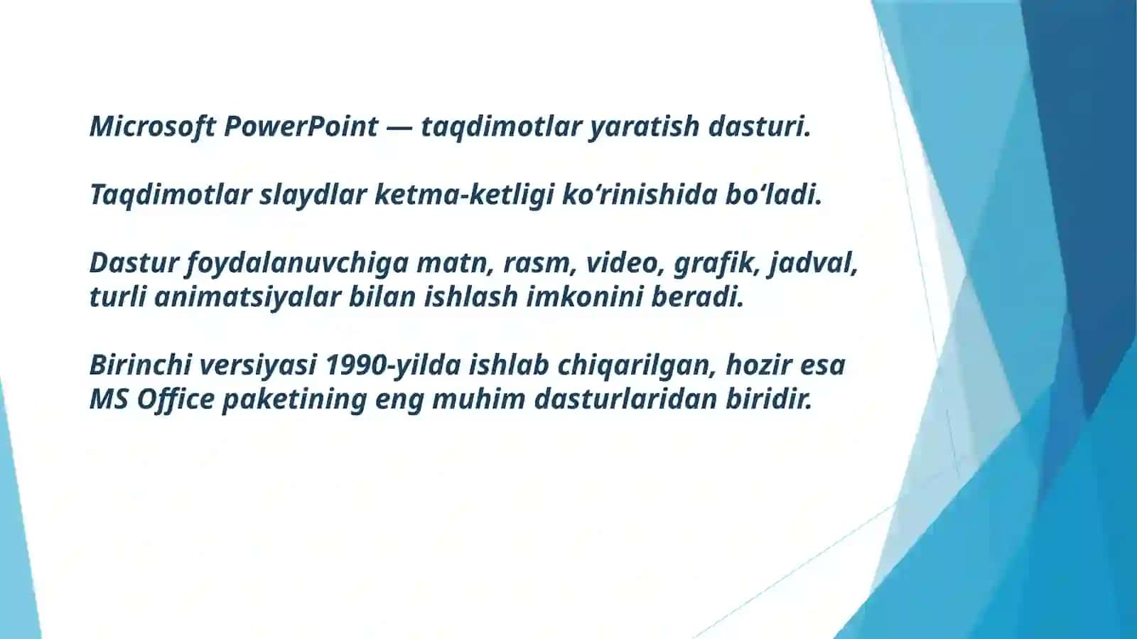 POWER POINTDA O’RGATUVCHI INTERAKTIV TAQDIMOTLAR YARATISH 3
