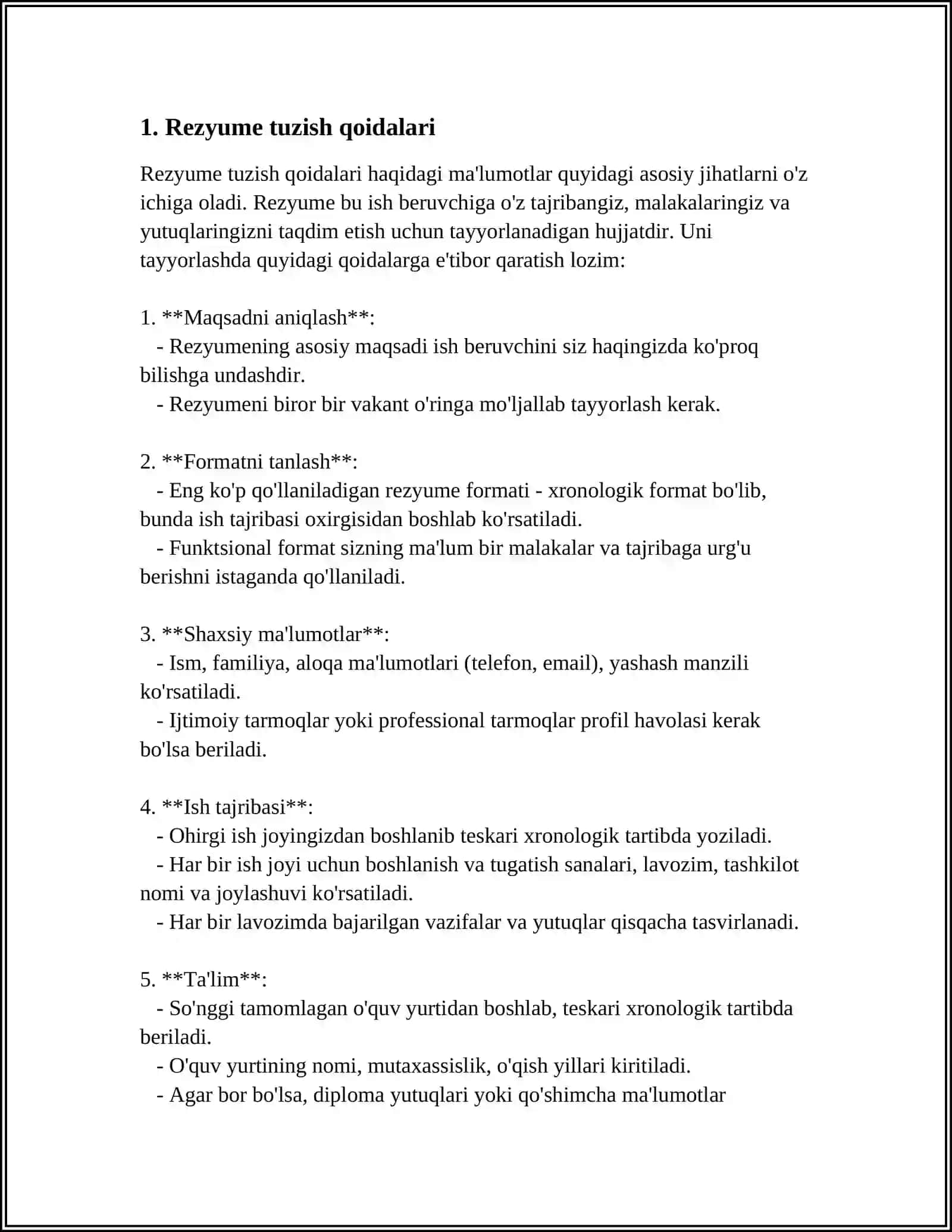 REZYUME, CV, MA'LUMOTNOMA HUJJATLARI 3