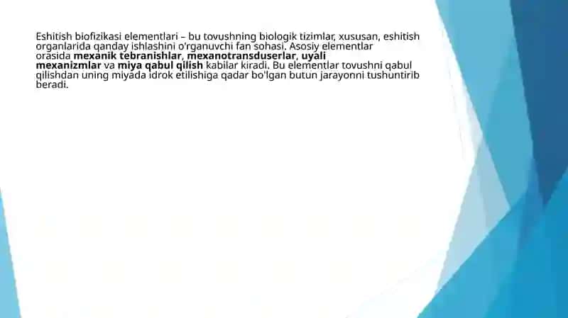 Eshitish biofizikasi elementlari. Koxlear implantatsiya asoslari. Radioto’lqinli jarrohlik. Litotripiya 3