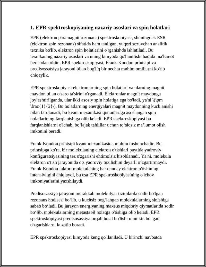 EPR-SPEKTROSKOPIYANING KIMYODA QO'LLANILISHI. FRANK-KONDON PRINSIPI. PREDISSOTSIATSIYA 3