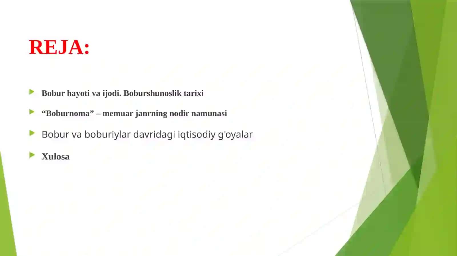 Boburvauningvorislaruolibborganijtimoyi-iqtisodiyisloxatlarningmoxiyati.Boburning"Boburnoma","Mubayyin"vaboshqaasarlaridagiiqtisodiyg'oyalar.XumoyunvaAkbarshoxdavridagiijtimoyi-iqtisodiyfikrlarvasiyosat,yangiyilxisobi, yagonauzunlikvaog'irliko'lchovlariningkiritilishi 3