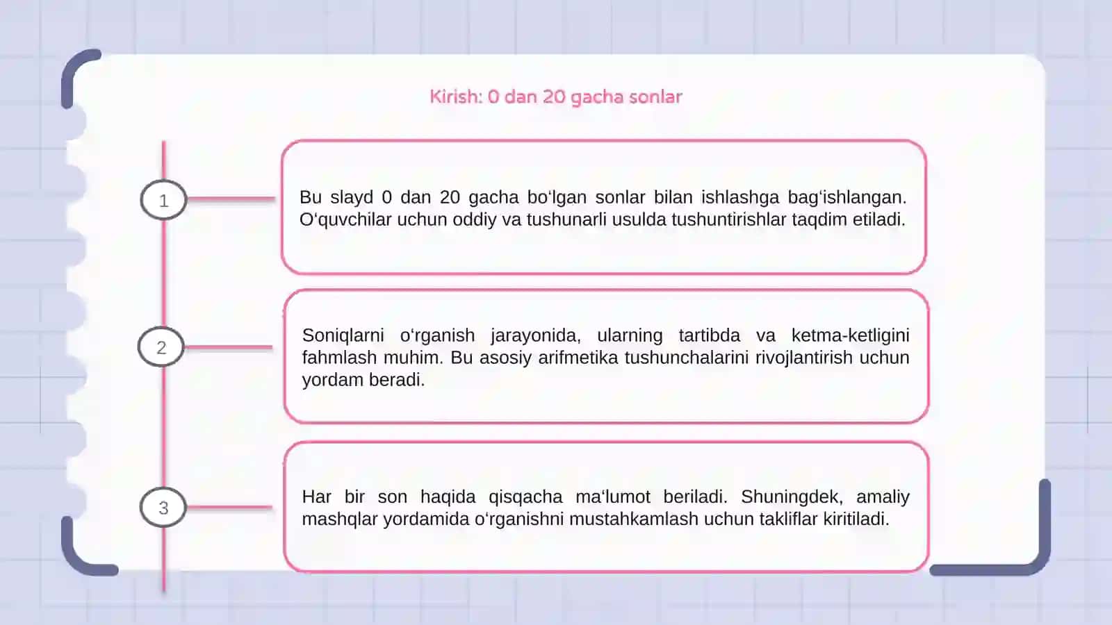 0 dan boshlab 20 gacha bo'lgan sonlar ustida ishlash 3