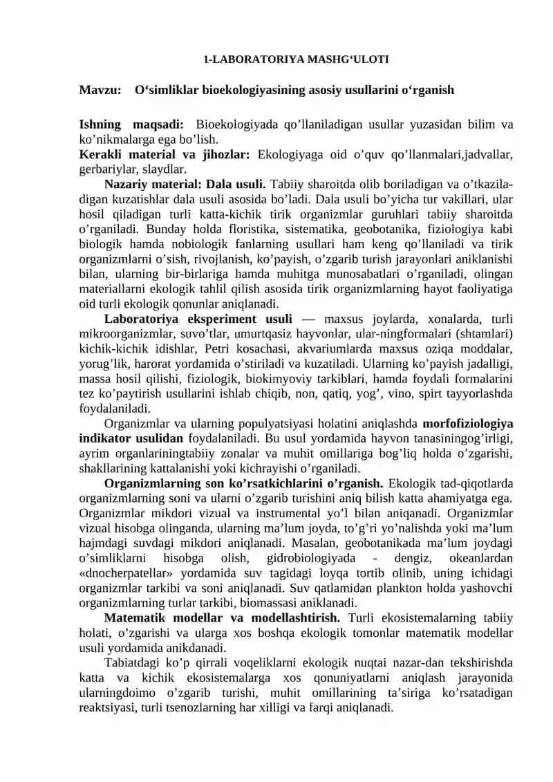 O‘SIMLIKLAR EKOLOGIYASI laboratoriya mashg‘ulotlar 3