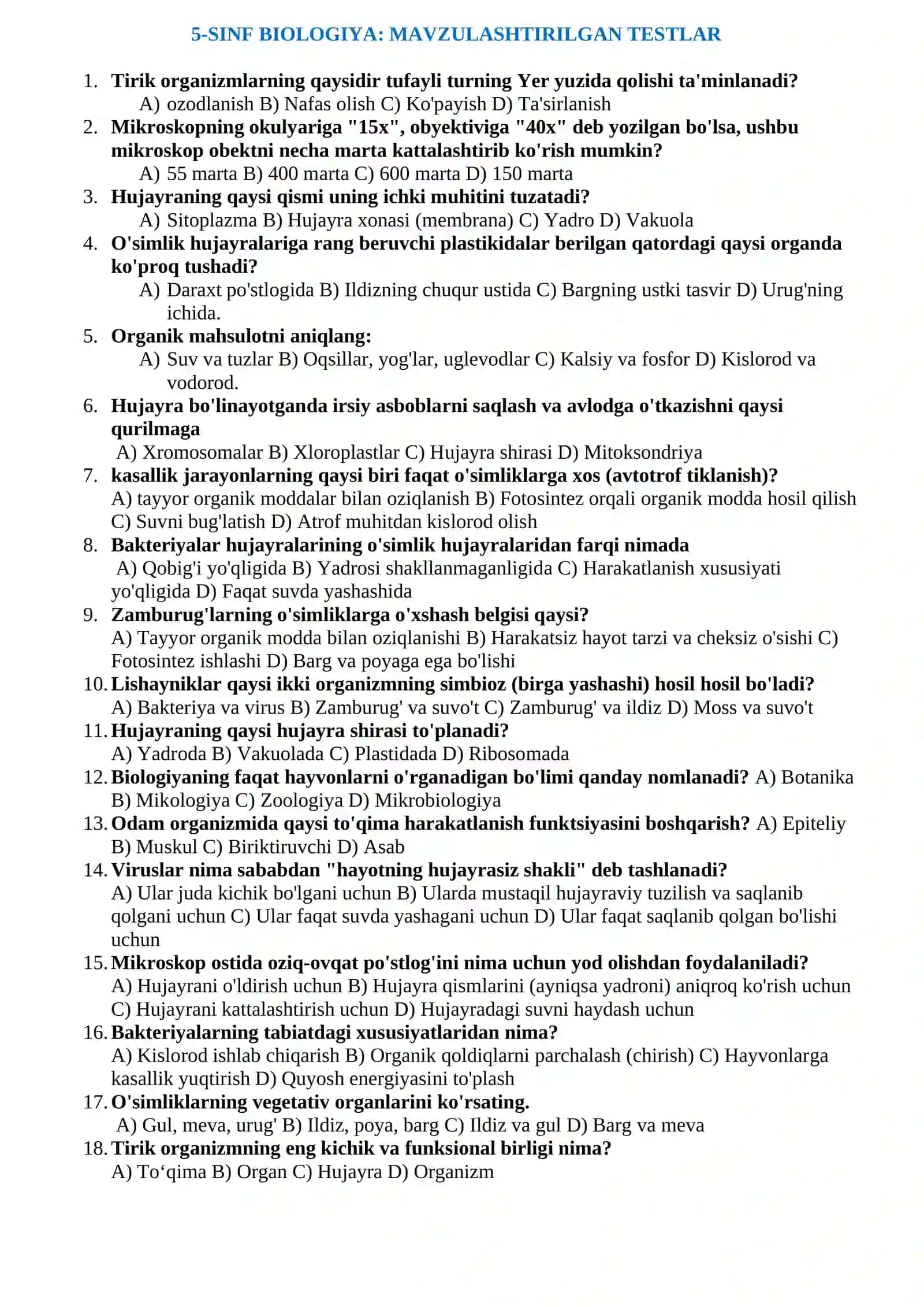 BIOLOGIYA FANIDAN MAVZULASHTIRILGAN TOP 3600+ TESTLAR. 5-11 SINF 3
