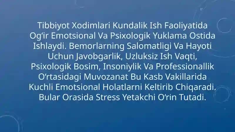 TIBBIYOT XODIMLARIDA EMOTSIONAL HOLATLARNING O’ZIGA XOSLIGI: STRESS VA UNING BOSQICHLARI, BAR 3