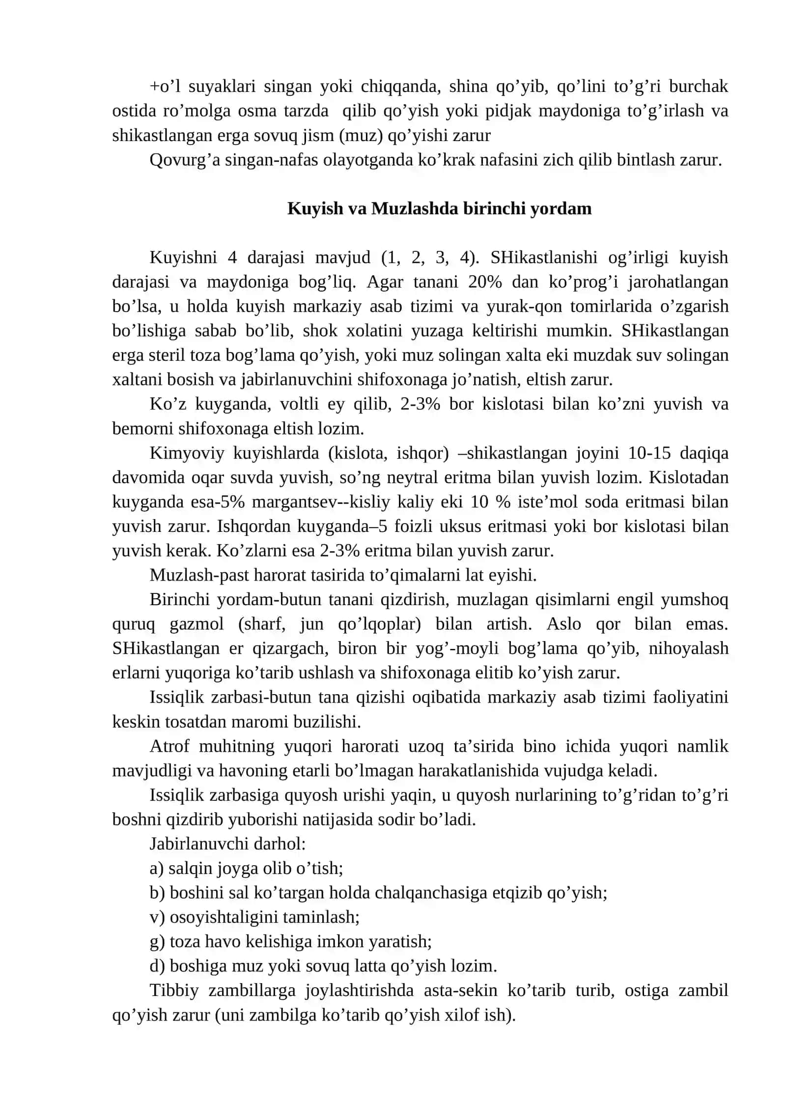 Jarohatlanish, baxtsiz hodisa va kasb kasalliklari. Jarohatlanishlar (shikastlanishlar) sodir bo’lganda birinchi yordam kor’satish 3