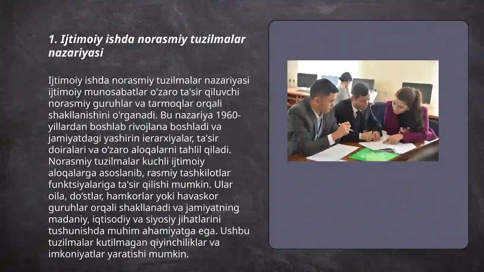 Ijtimoiy ish menejmentida norasmiy tuzulmalar:jamoaviy ish 3