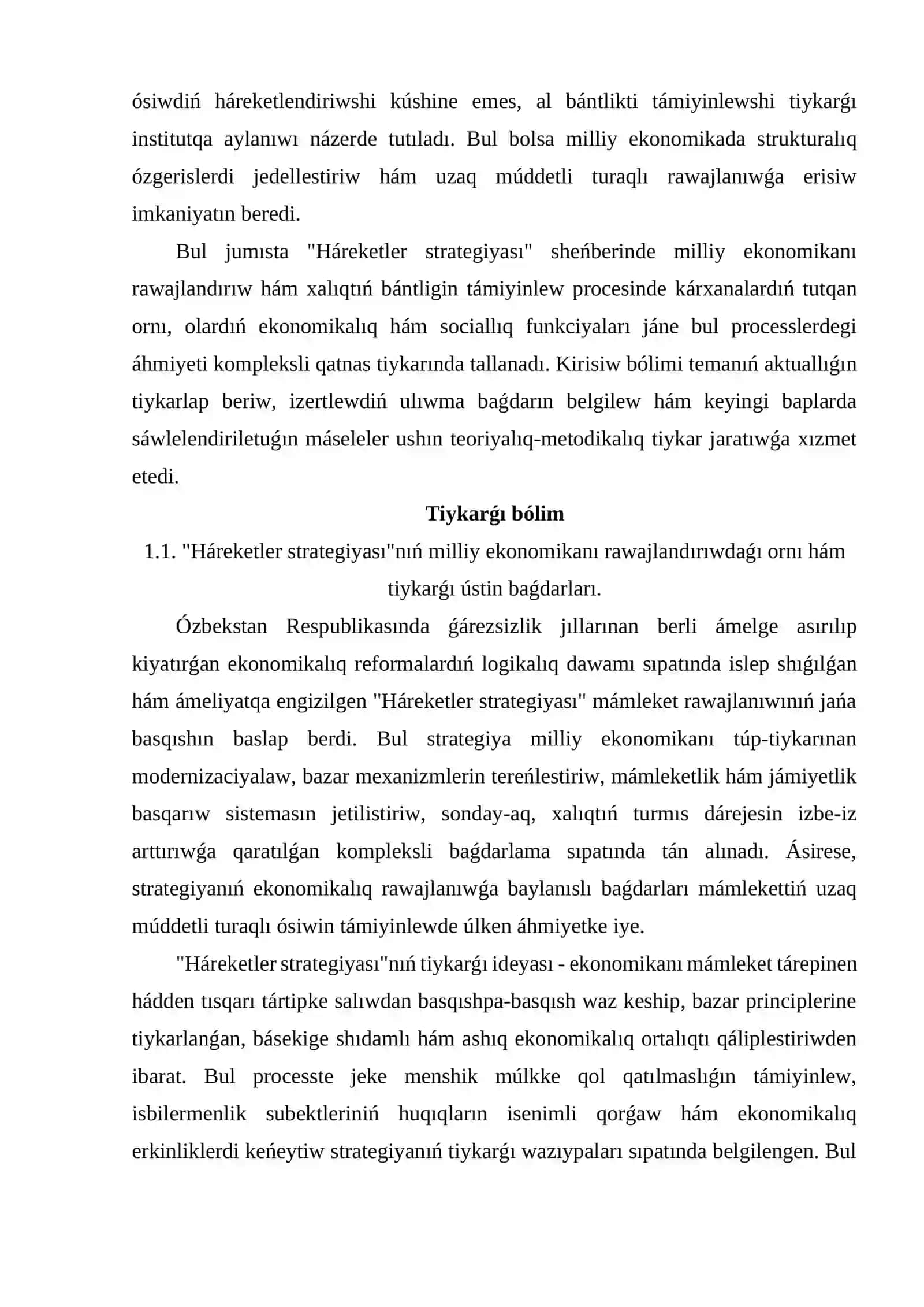 "Háreketler strategiyası" sheńberinde milliy ekonomikanı rawajlandırıw hám xalıqtıń bántligin támiyinlew procesinde kárxanalardıń ornı 3