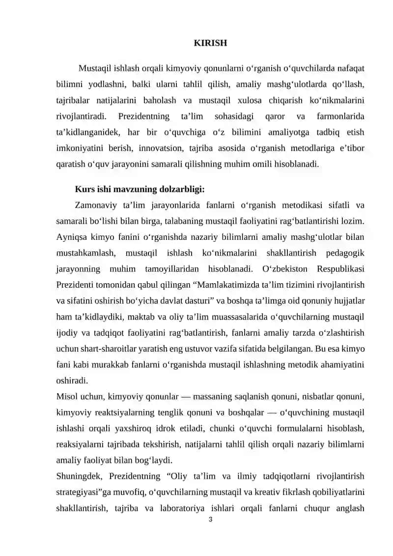 Kimyoviy qonunlarni mustaqil ishlash orqali o‘rganish metodikasi 3