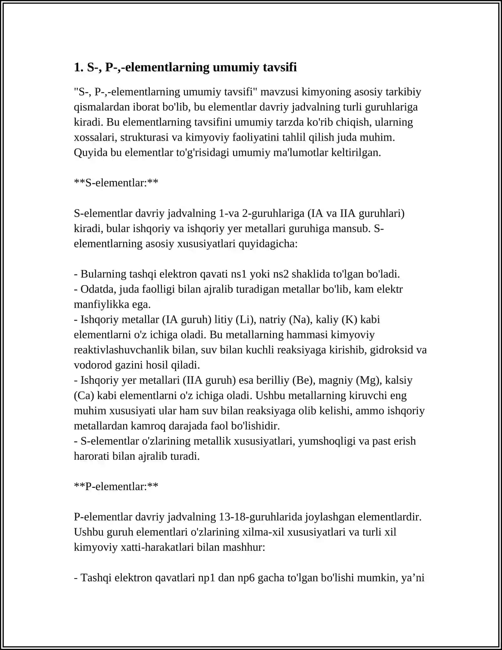BIOGEN ELEMENTLAR HAQIDA TUWUNCHA S-, P-,-ELEMENTLARNING FIZIKAVIY VA KIMYOVIY XOSSALARI 3