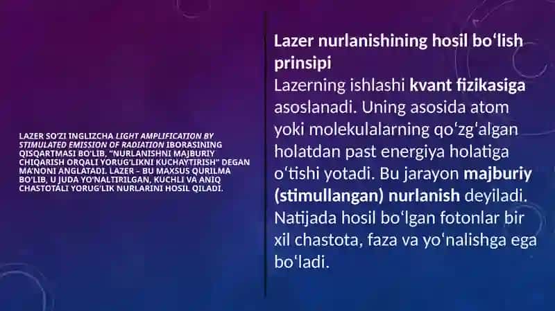 lazerlar va ulardan tibbiyotda foydalanish.rentgen nurlanishi.rentgen nurlanishining tibbiyotda qo’llanilishining fizikaviy asoslar 3
