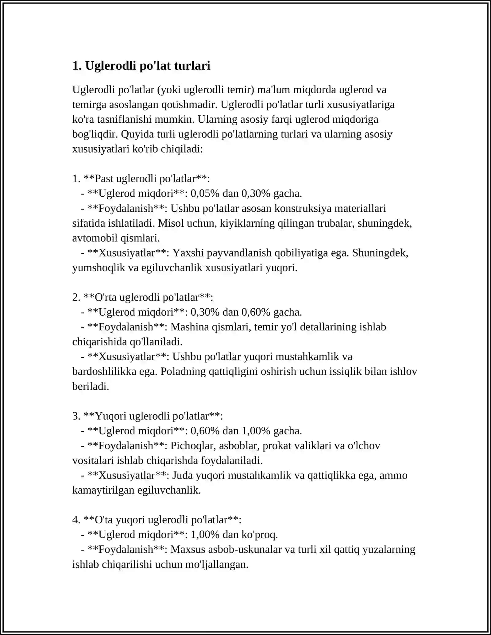 UGLERODLI ASBOBSOZLIK POʻLATLARI TEZKESAR POʻLATLAR QATTIQ QOTISHMALAR, CHOʻYANLAR 3