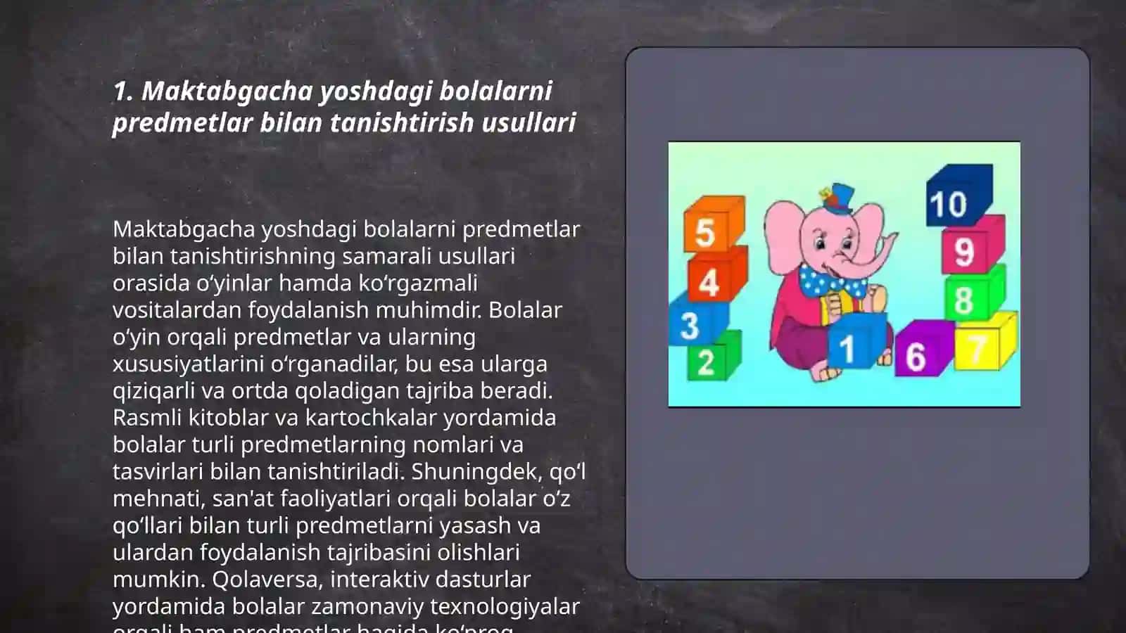 Buxoro davlat pedagogika instituti Predmetlar shakli bilan tanishtirish metodikasi 3