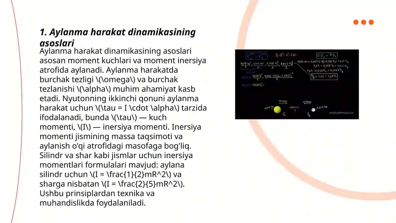 Qattiq jismning qoʻzgʻalmas o'q atrofidagi aylanma harakat dinamikasining differensial tenglamasi 3