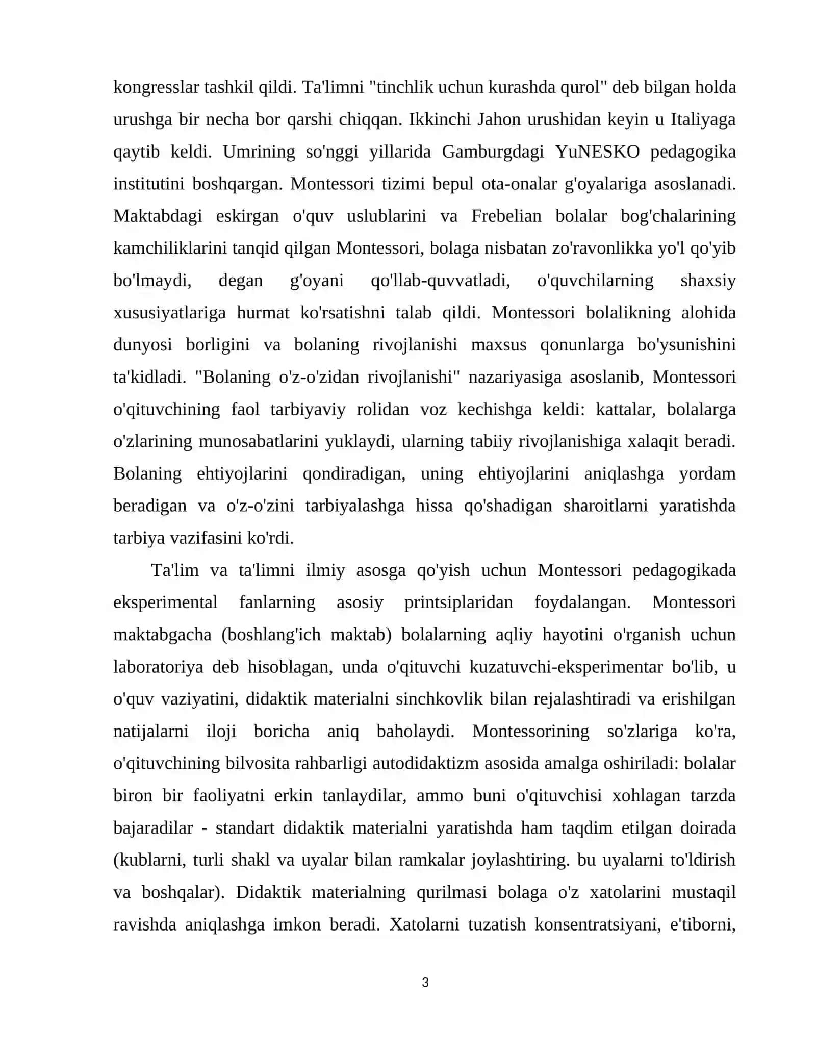 MARIYA MONTESSORI METODIKASI ASOSIDA TARBIYA BERISHNING BOLA RIVOJLANISHIDAGI O'RNI 3
