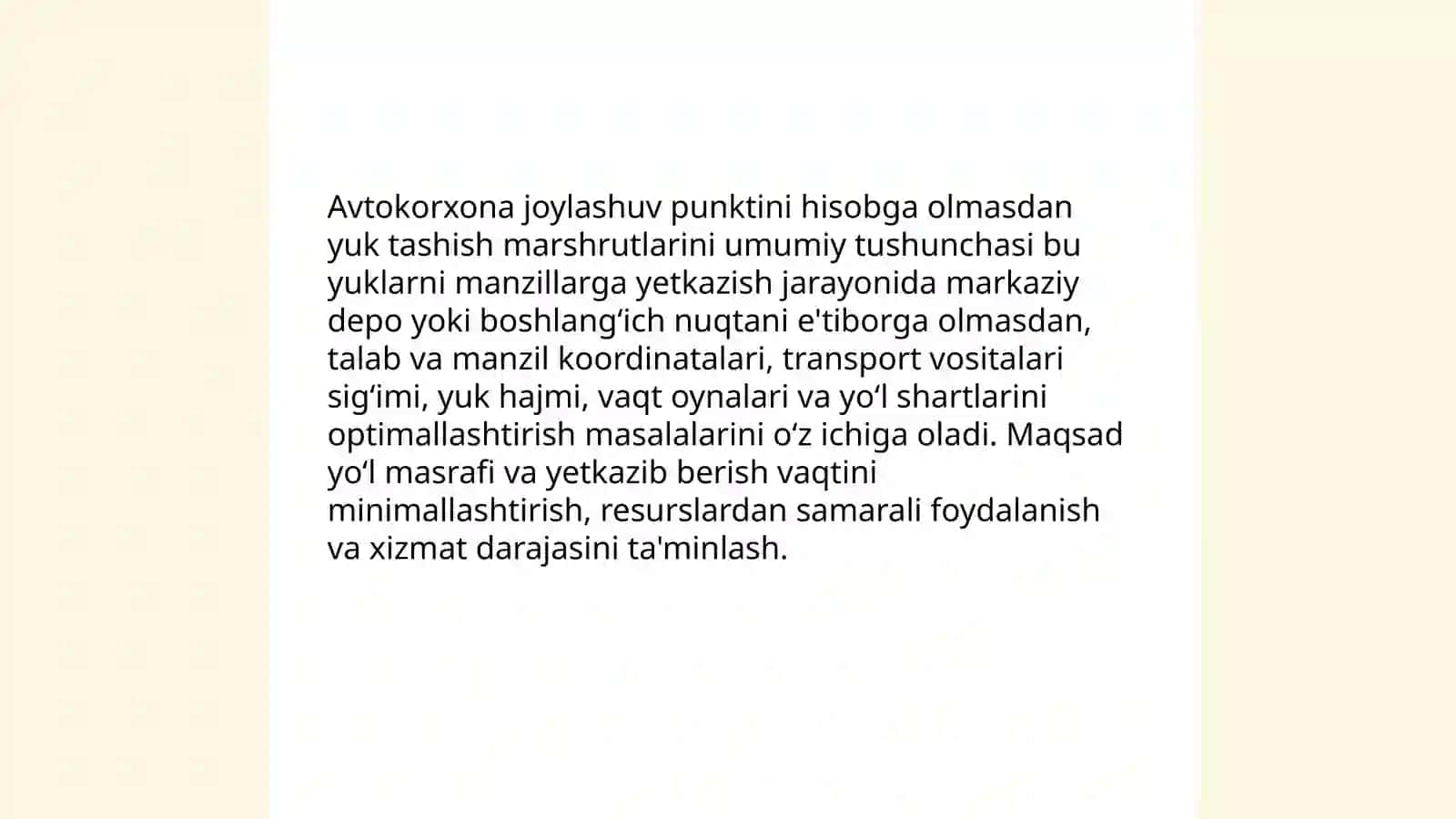 Avtokorxona joylashuv punktini hisobga olmagan holda yuk tashish marshrutlarni tuzish 3