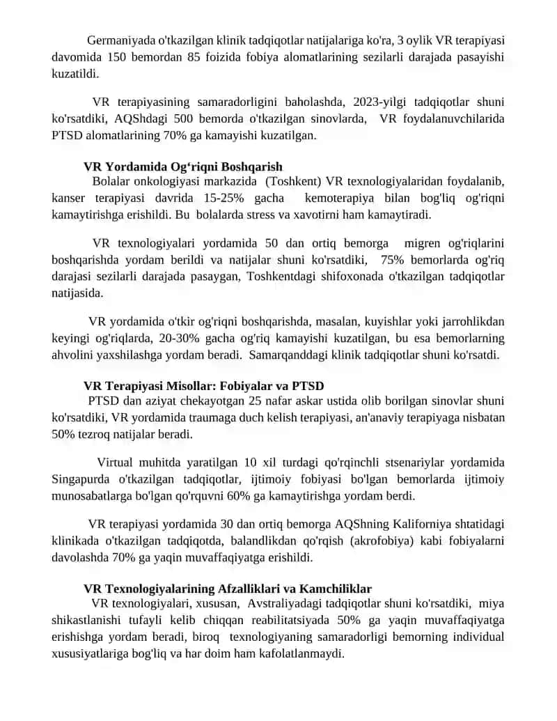 Virtual reallik texnologiyalari psixologik va nevrologik muammolarni davolashda 3