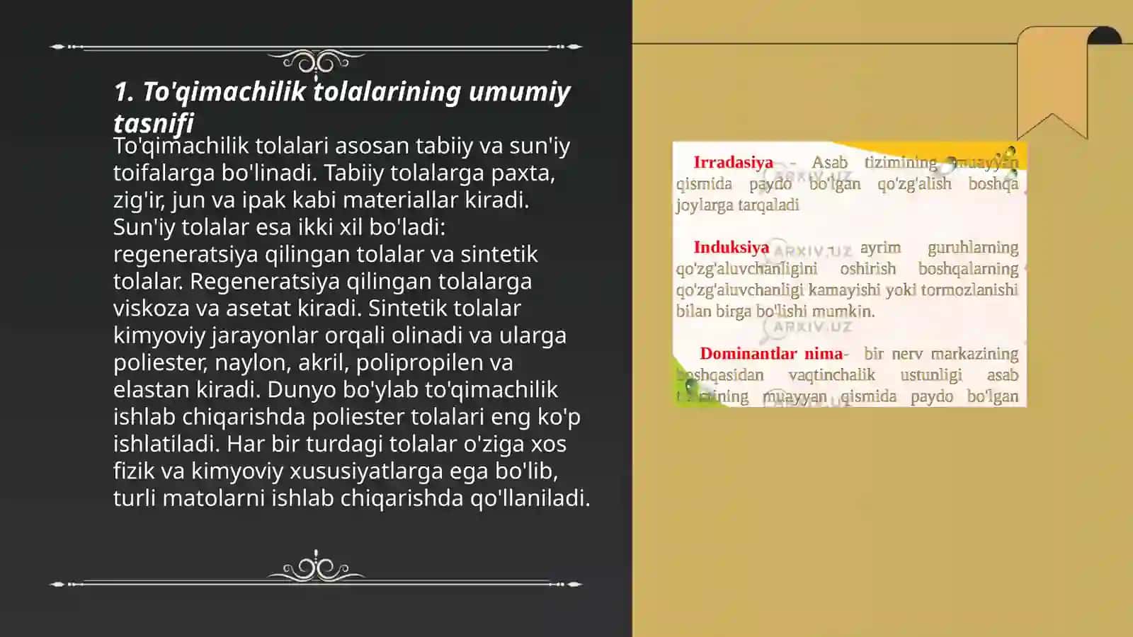 To'qimachilik tolalarining sinflanishi,tabiiy va kimyoviy tolalarni órganish 3