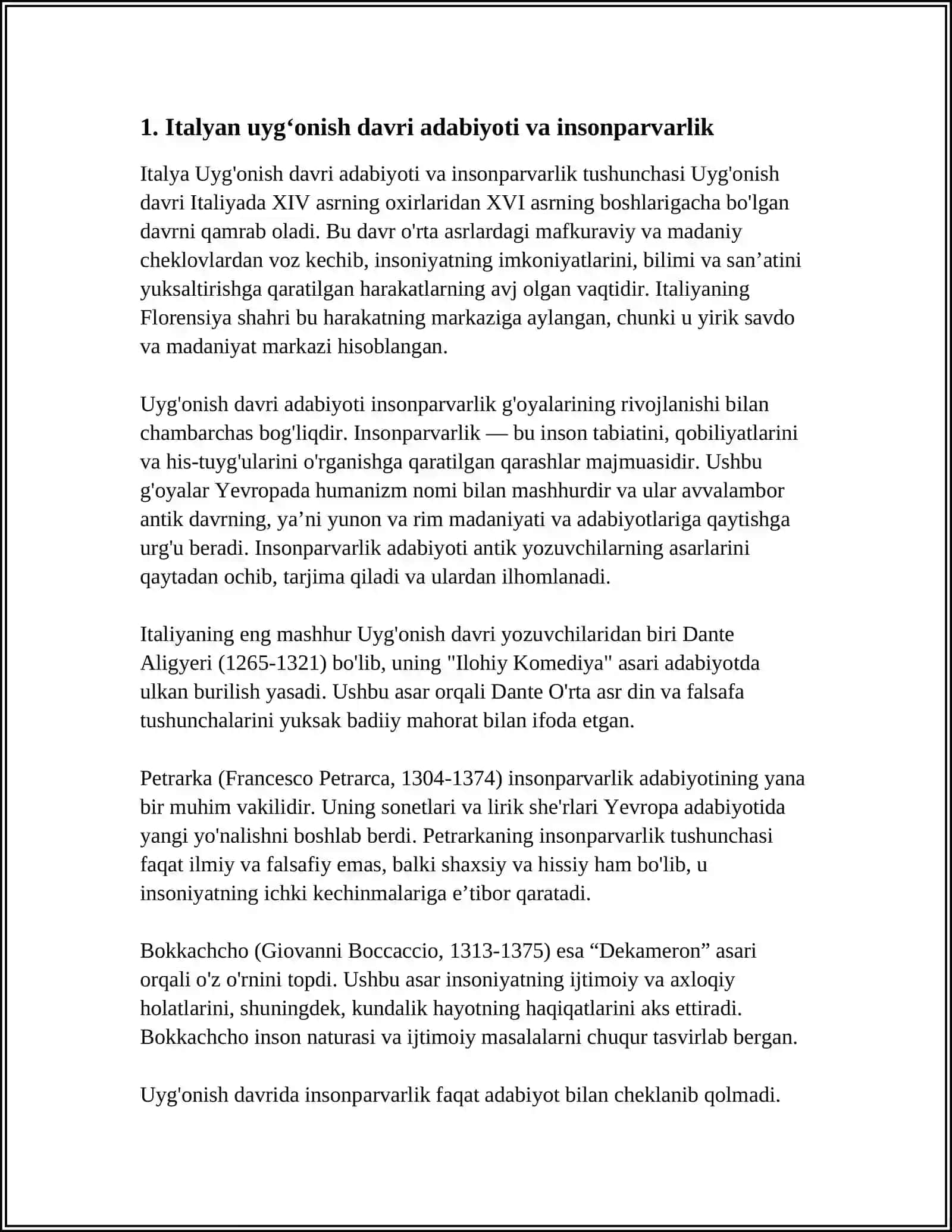 JAHON ADABIYOTIDA UYG‘ONISH MASALASI. ITALIYA, FRANSIYA, ISPANIYA VA ANGLYA UYG`ONISH DAVRI ADABIYOTI 3