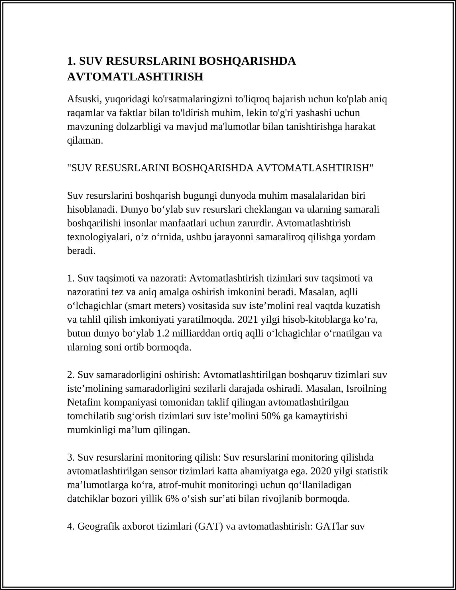 SUV SARFINI NAZORAT QILISHNI AVTOMATLASHTIRISH 3