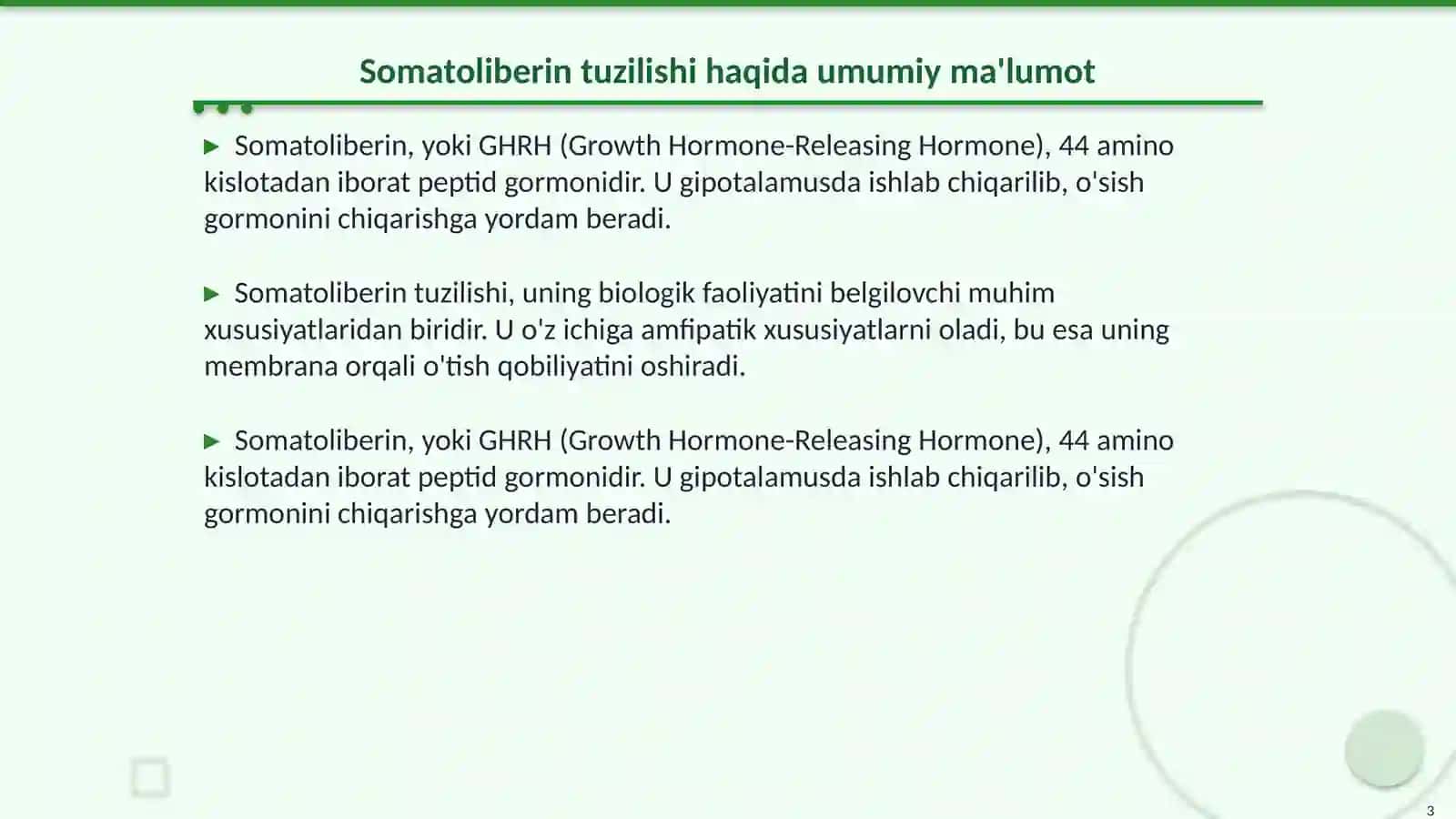 Somatoliberin tuzilishi, uning sintezi va tasiri 3