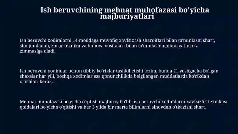 Xodim va ish beruvchining mehnat muhofazasiga oid majburiyatlari 3