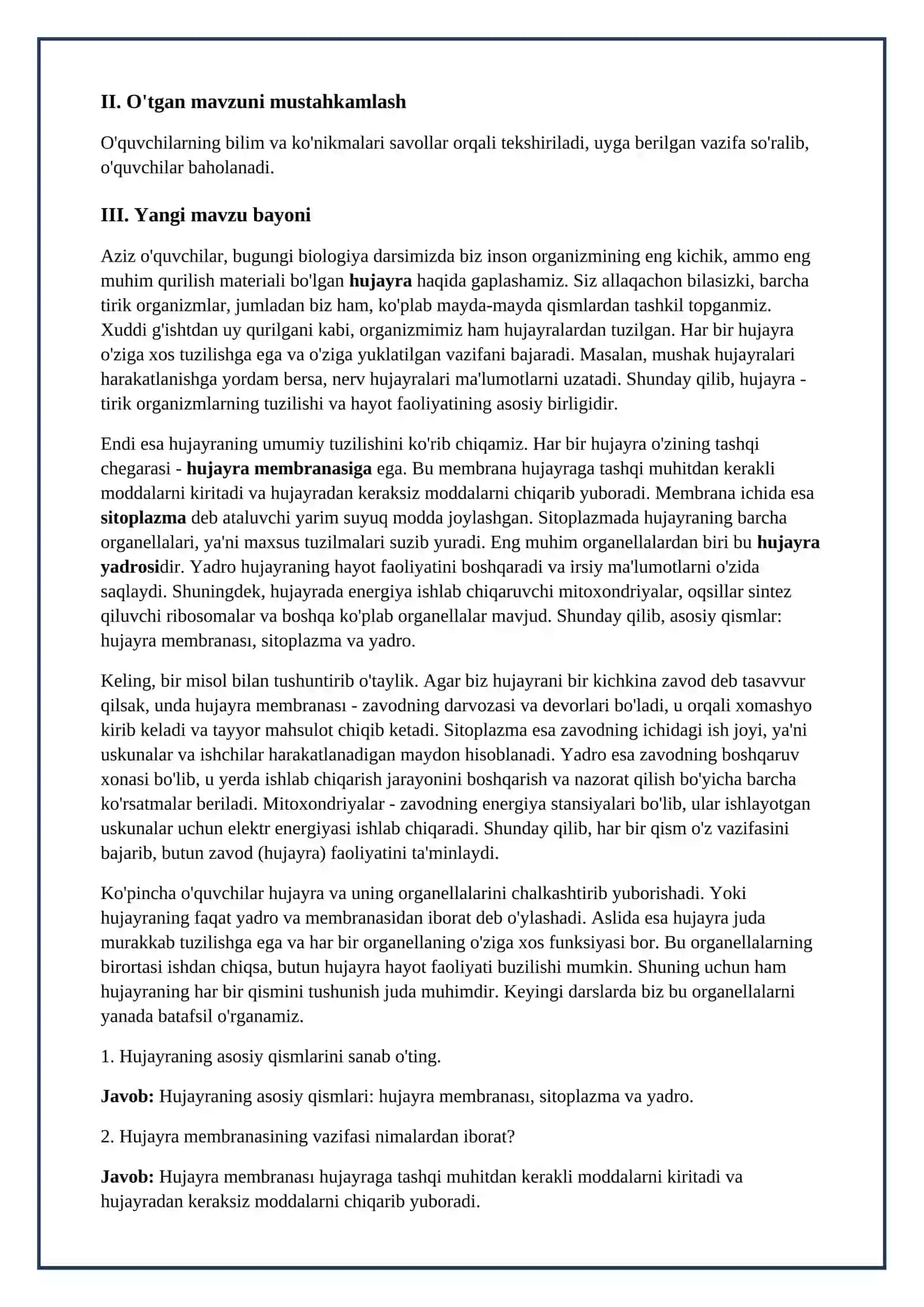 Lesson on Kirish1-dars Odam va uning salomatligi toʻgʻrisida umumiy tushuncha va 2-dars odam organizmining hujayraviy tuzilishi 8-sinf 3