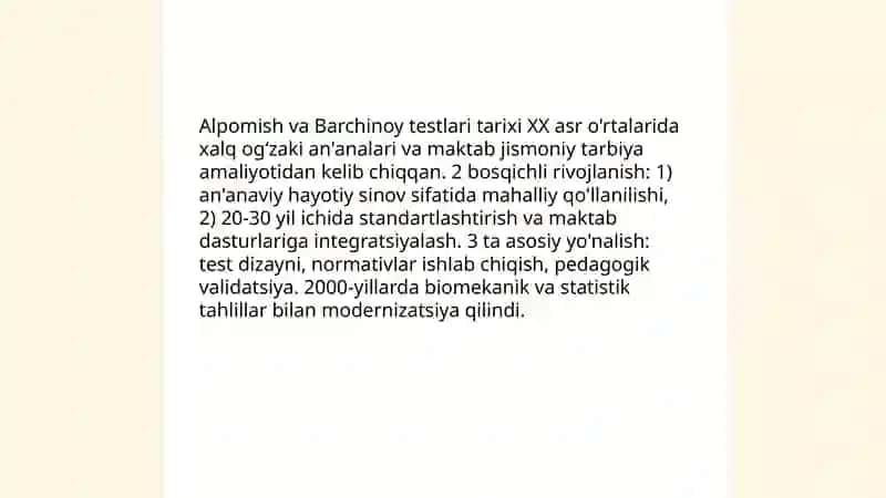 Oʻquvchilarning "Alpomish"va "Barchinoy" maxsus testari orqali jismoniy tayyorgarligini aniqlash 3