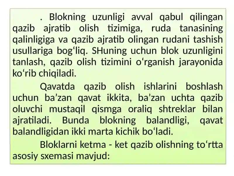 Qavatda rudani massivdan ajratib qazib olish usullari vatartibi 3