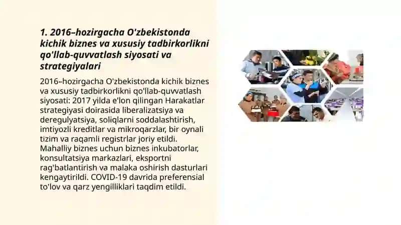 Kichik biznes va xususuy tadbirkorlikni rivojlantirish (2016 dan hozirgacha) 3