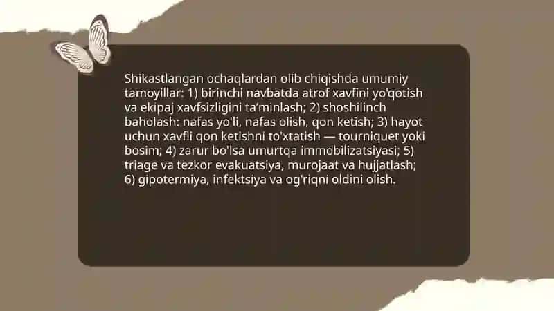 Shikastlangan oʻchaqlarda olib chiqilgan yarador va bemorlarga birinchi shifokorlik yordamini tashkillashtirish 3