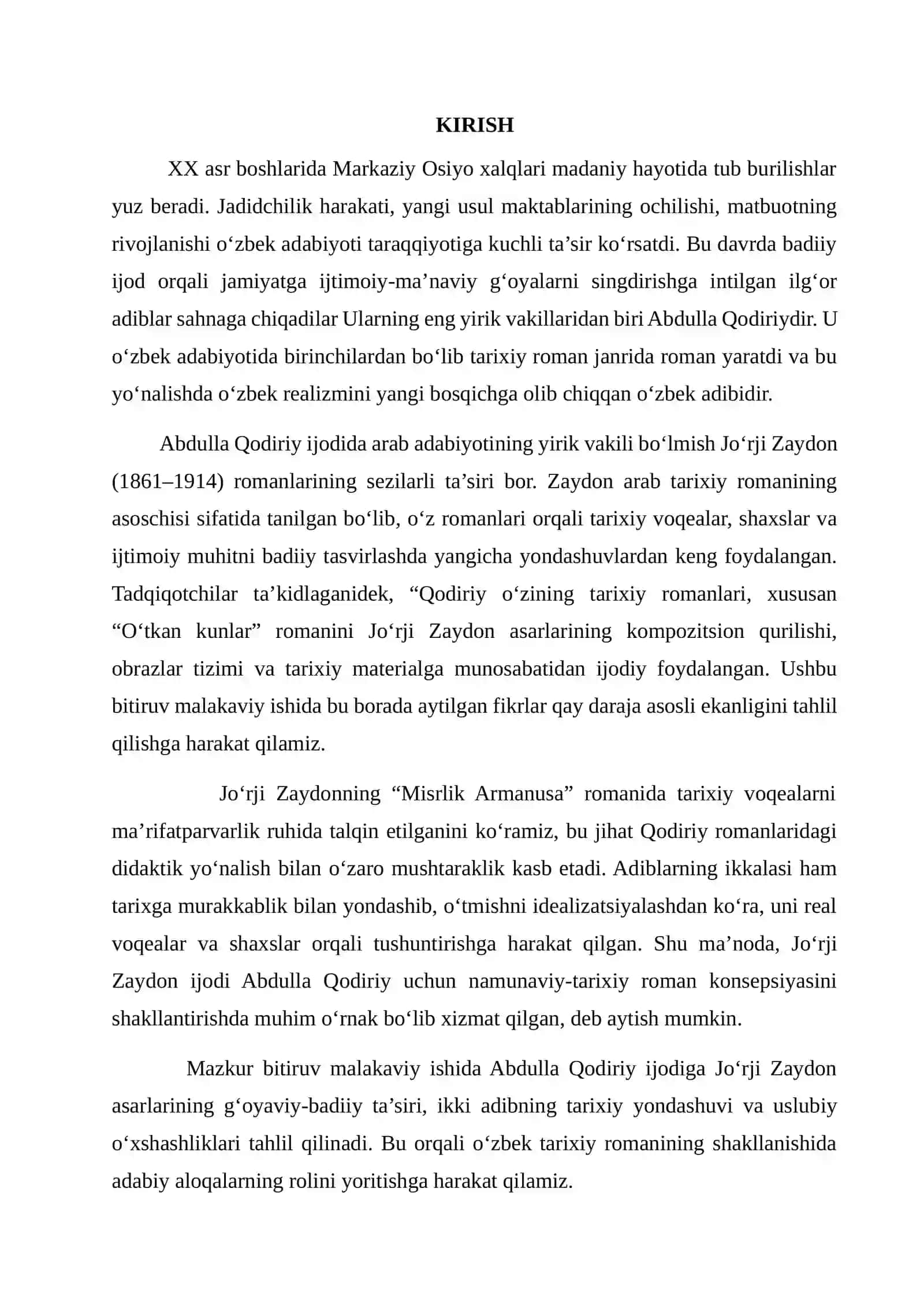 ADABIY TAʼSIR MASALASI; ABDULLA QODIRIY VA JO‘RJI ZAYDON MISOLIDA 3