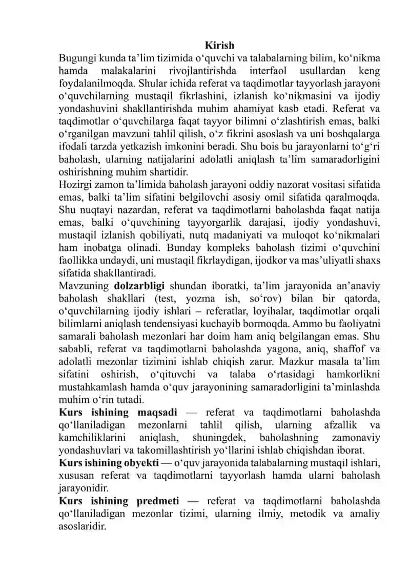 Refarat va taqdimotlarni baxolash mezonlari Kurs ishi 3