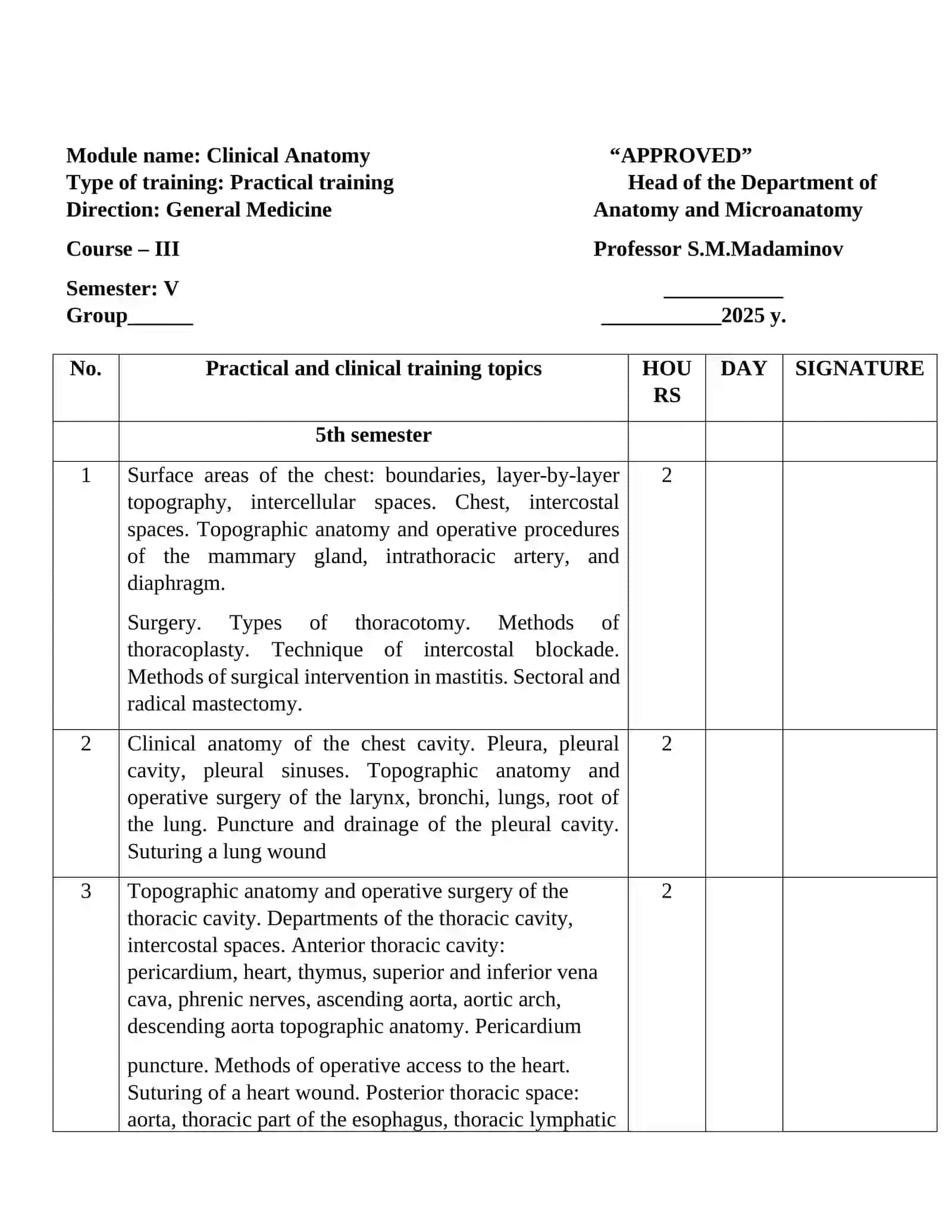 Calendar-Topic Plan for the Module "Clinical Anatomy" 3