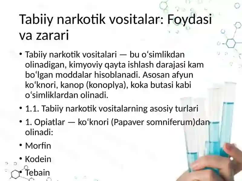 Tabiiy va sintetik narkotik vositalar. Foydasi va zarari 3