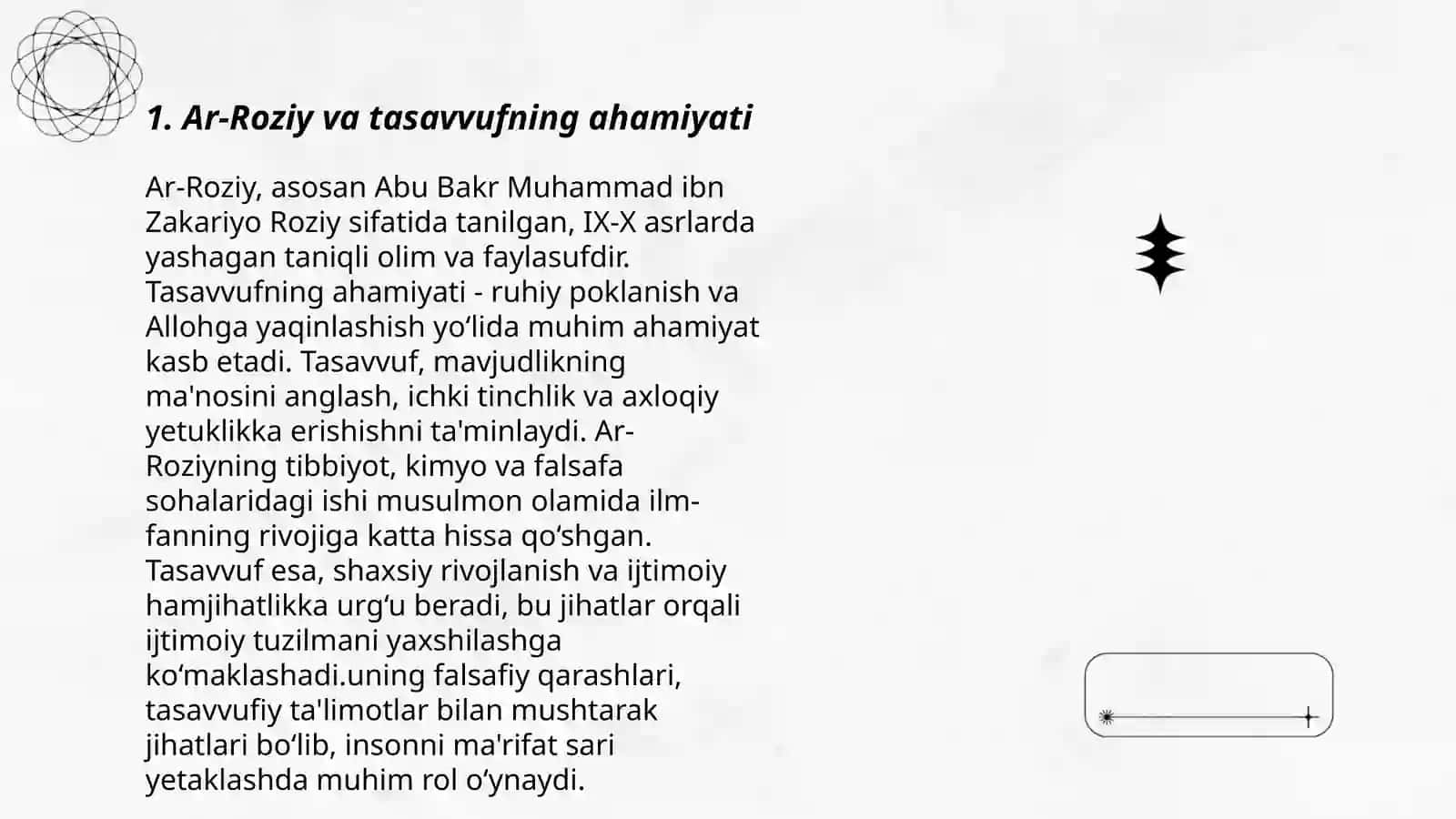 Oʻrta asrlar musulmon shahri axloqshunosligida mashoyixonlik va tasavvuf yoʻnalishlarining oʻrni.Ar Roziy Abdurasulov Tal'at 3