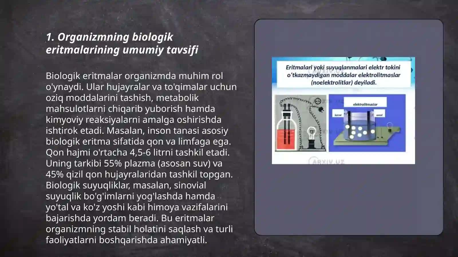 Organizm biologik eritmalari. Elektrolit va noelektrolitli eritmalari sifatida 3