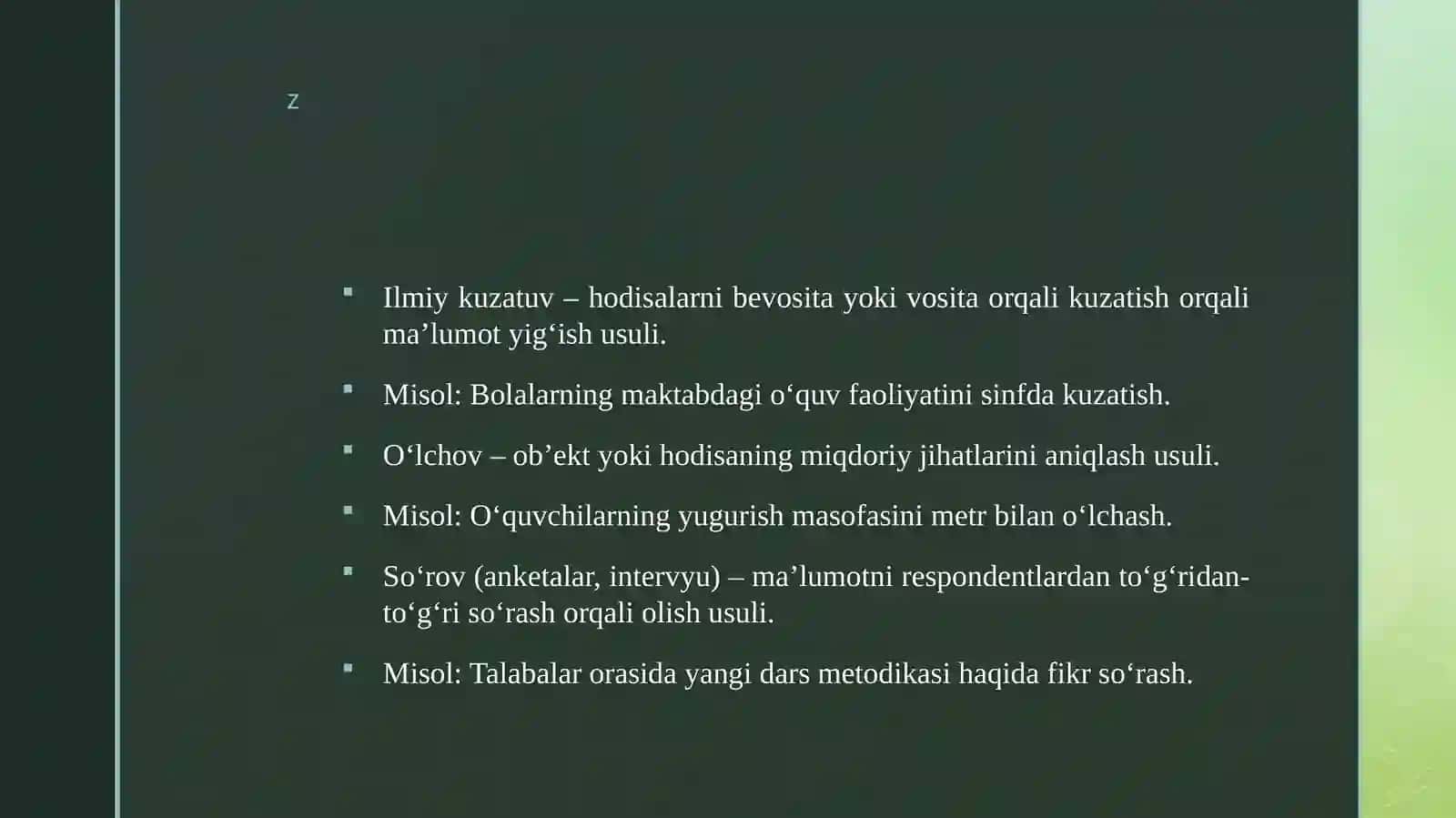 Ilmiy kuzatuv. O‘lchov. So‘rov.Ekspert baholash usuli.Retrospeksiya. Prognoz qilish. 3