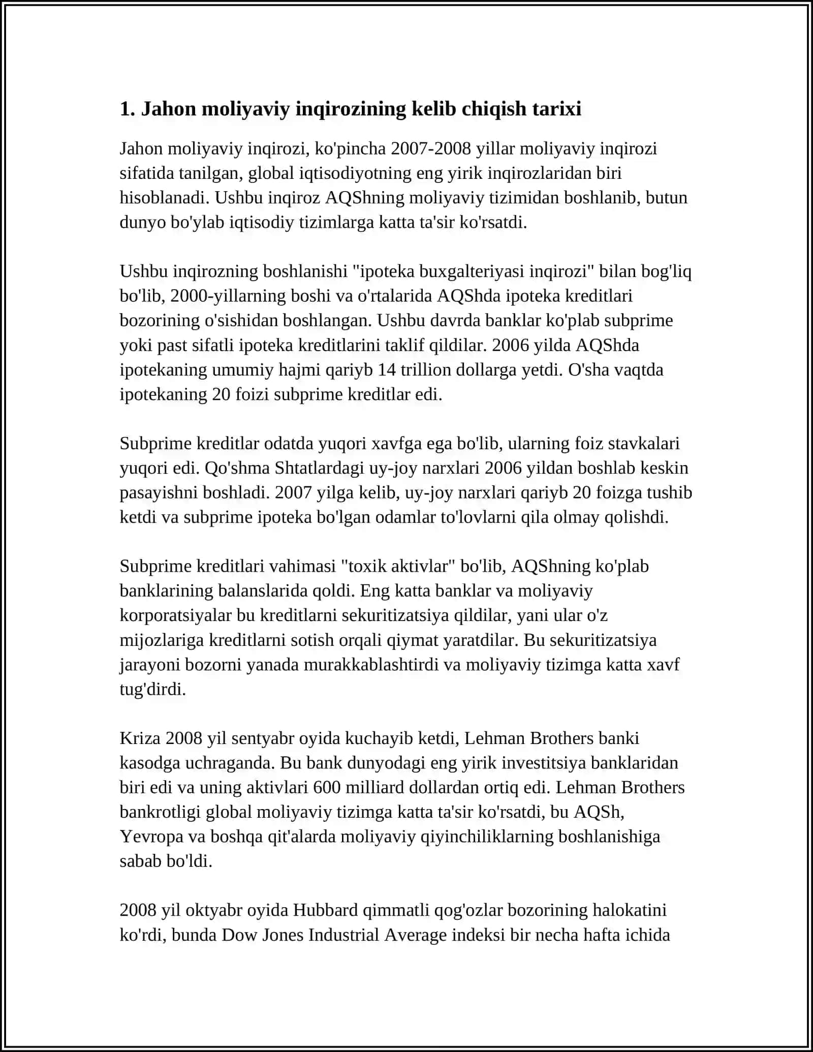 JAHON MOLIYAVIY INQIROZINING YUZAGA KELISHI SABABLARI VA UNI O'ZBEKISTONDA BARTARAF ETISH YO'LLARI 3