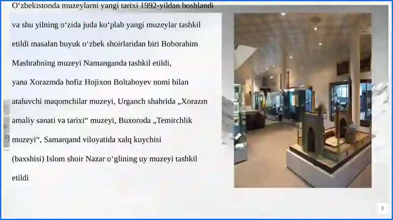 TAQDIMOT ISHI: MUZEYLARNI TASHKIL ETISH VA BOYITISHDA QAZILMA-YIG’UV ISHLARINING AHAMYATI 3