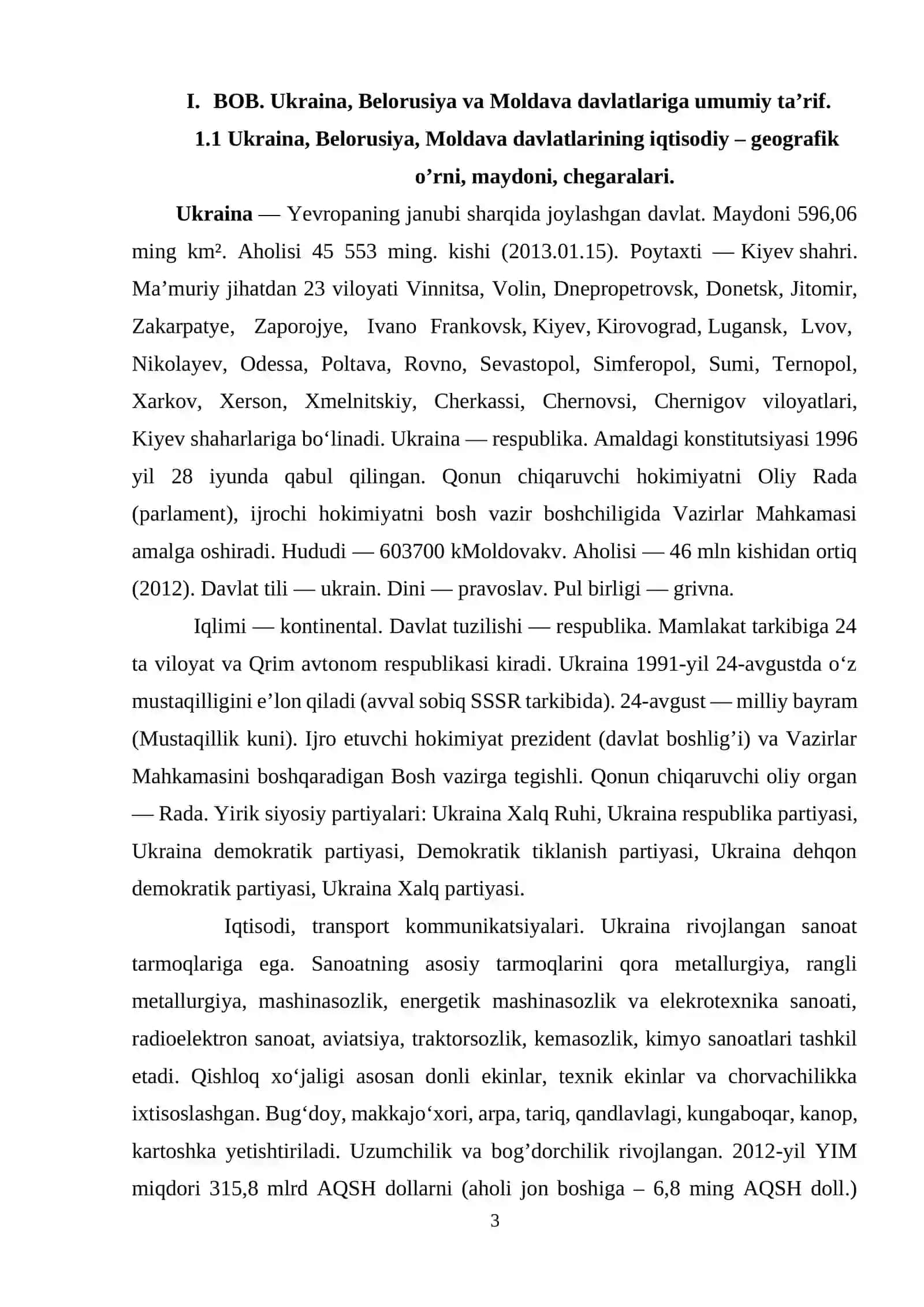 Ukraina, Belorusiya va Moldava davlatlariga qiyosiy iqtisodiy-geografik tavsifi 3
