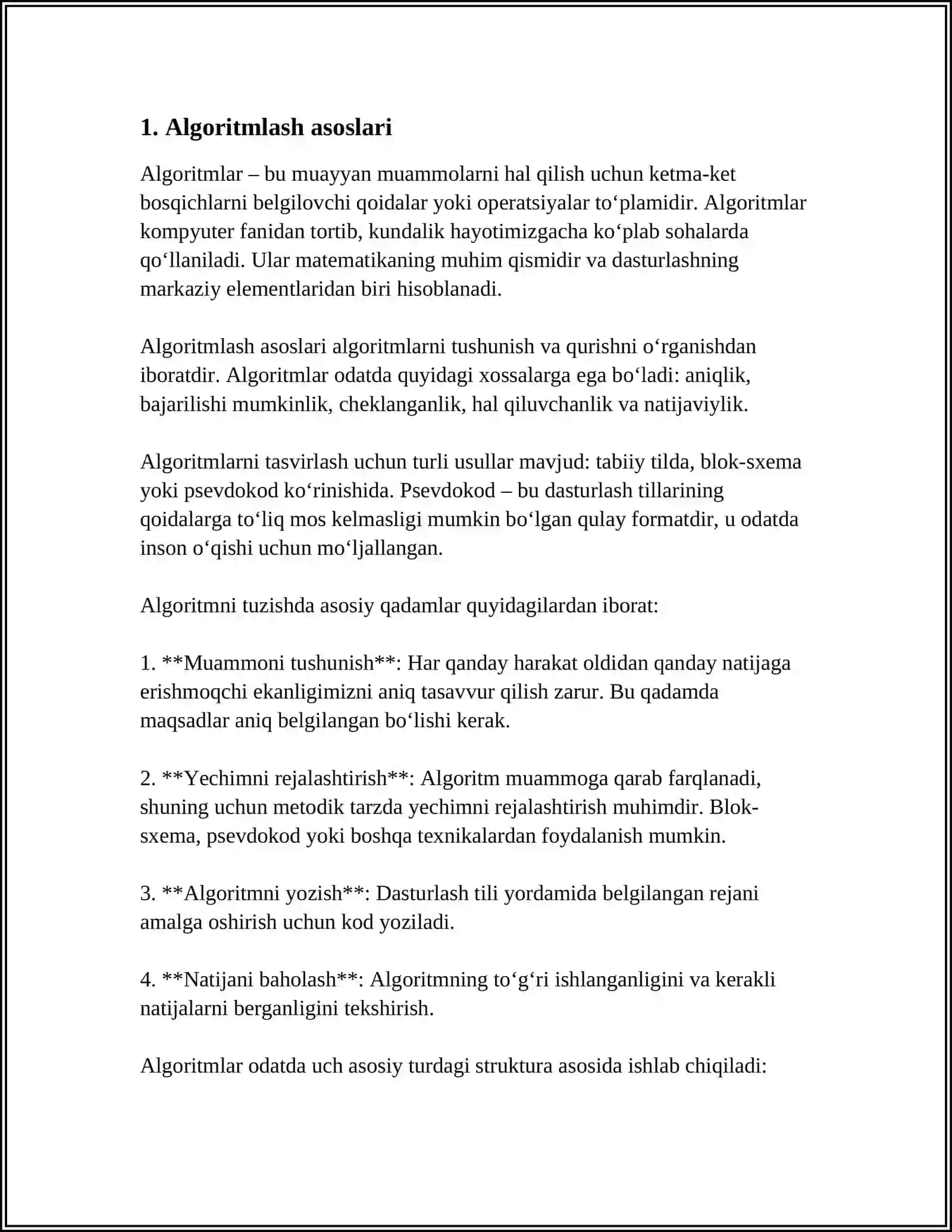 ALGORITMLASH USULLARI.TIBBIY-BIOLOGIK MASALALARNI YECHISH ALGORITMINI YARATISH. TIBBIY-BIOLOGIK MASALALARNI YECHISH ALGORITMLARINI MATEMATIK MODELLASHTIRISH 3
