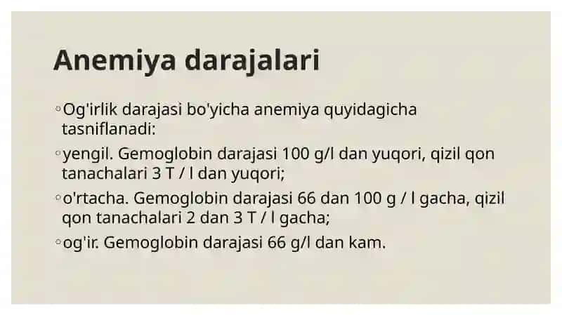 Anemiyalar.anemiyalar klassifikatsiyasi anemiya nizomi etiopatogenezi, anemiya nikin klinik-laborator diagnostikasi 3