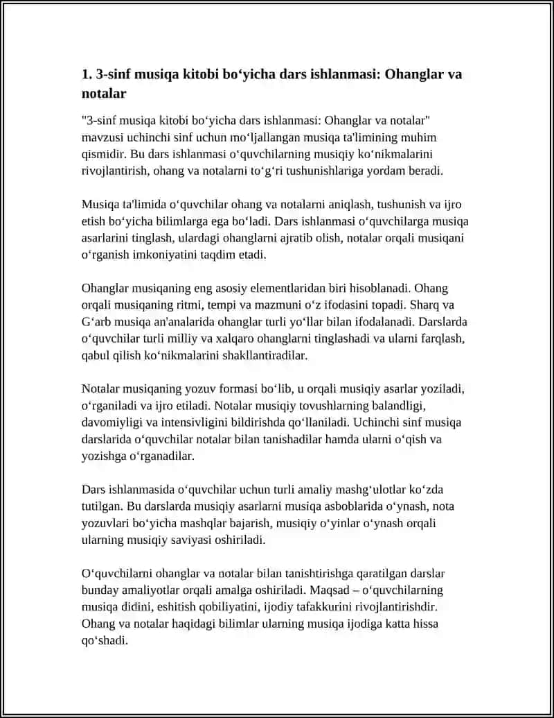 3-sinf musiqa kitobi bo‘yicha dars ishlanmasi: Ohanglar va notalar 3