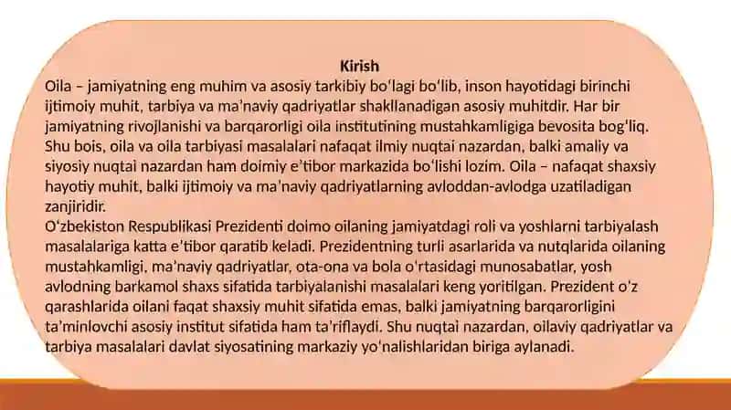 O'zbekiston Respublikasi Prezidentining oila va oila tarbiyasi to'g'risidagi fikrlari bayon etilgan asarlarini o'rganish 3
